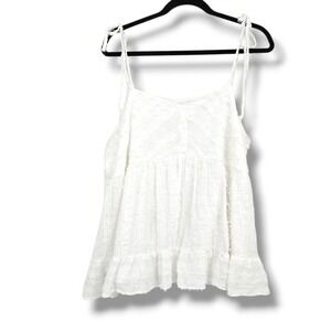 Perfectly Priscilla White Textured Babydoll Tiered Ruffle Tie Strap Top Plus 1X